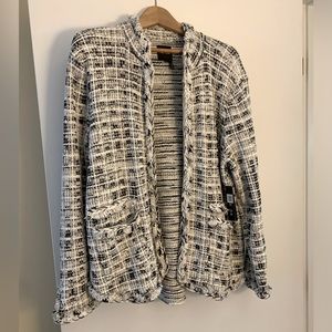 XL Nic and Zoe swater- jacket in a melange of blacks, grays, and whites.